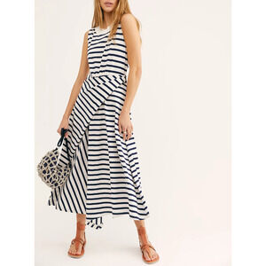 FREE PEOPLE Dress M FP Beach Striped Capri Faux Wrap Sleeveless Maxi White
